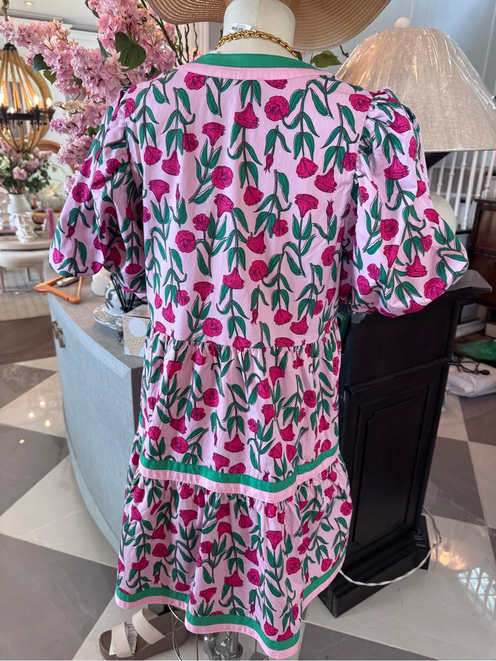 Mud Pie Pink Floral Tiered Dress with Green Trim - Picture 4 of 7